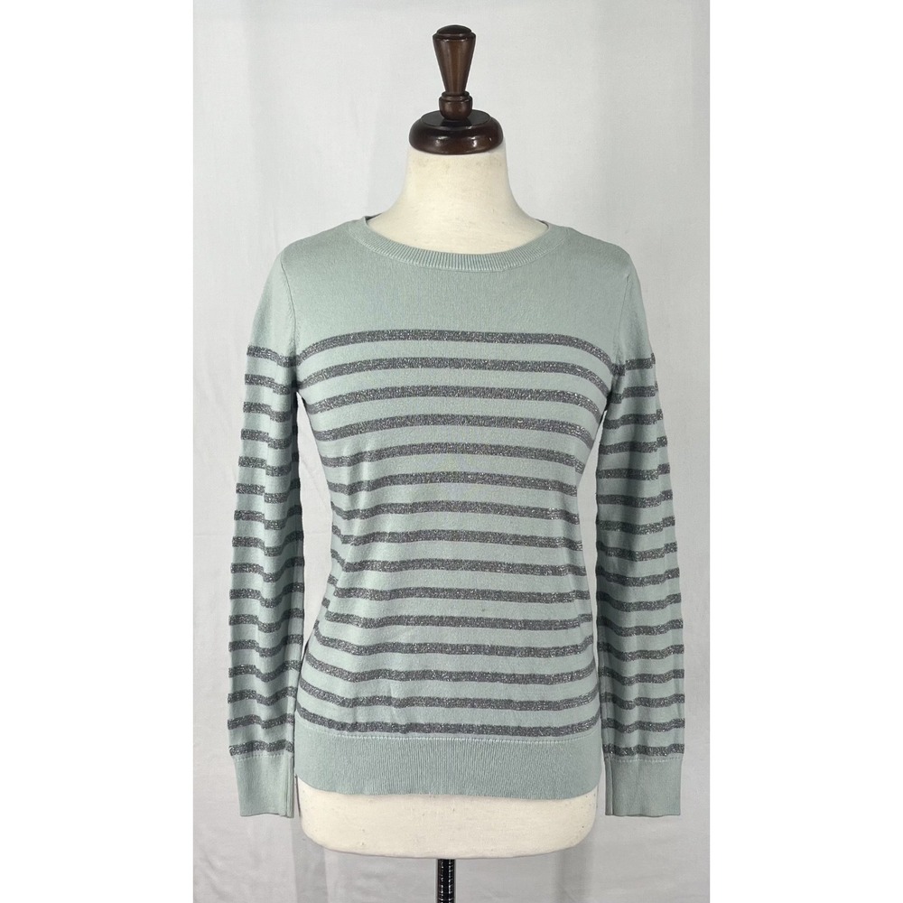 LOFT Outlet Women Mint Green Silver Metallic Striped Cotton Knit Sweater Size S